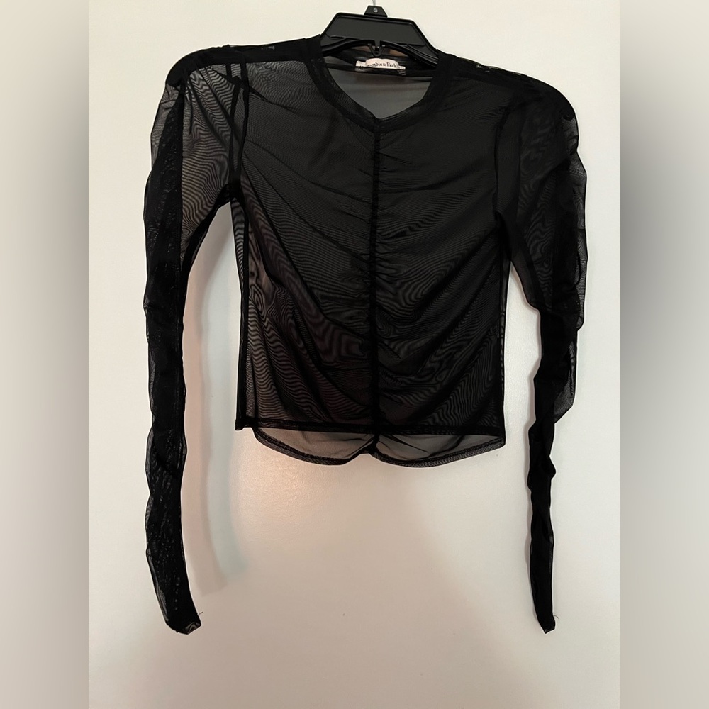 Abercrombie & Fitch Mesh Top W/ Ruched Long Sleeves